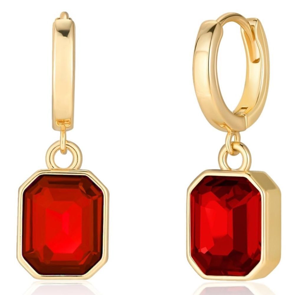 18K Yellow Gold with Ruby Red Crystal Dangling Octagon Huggie Earrings